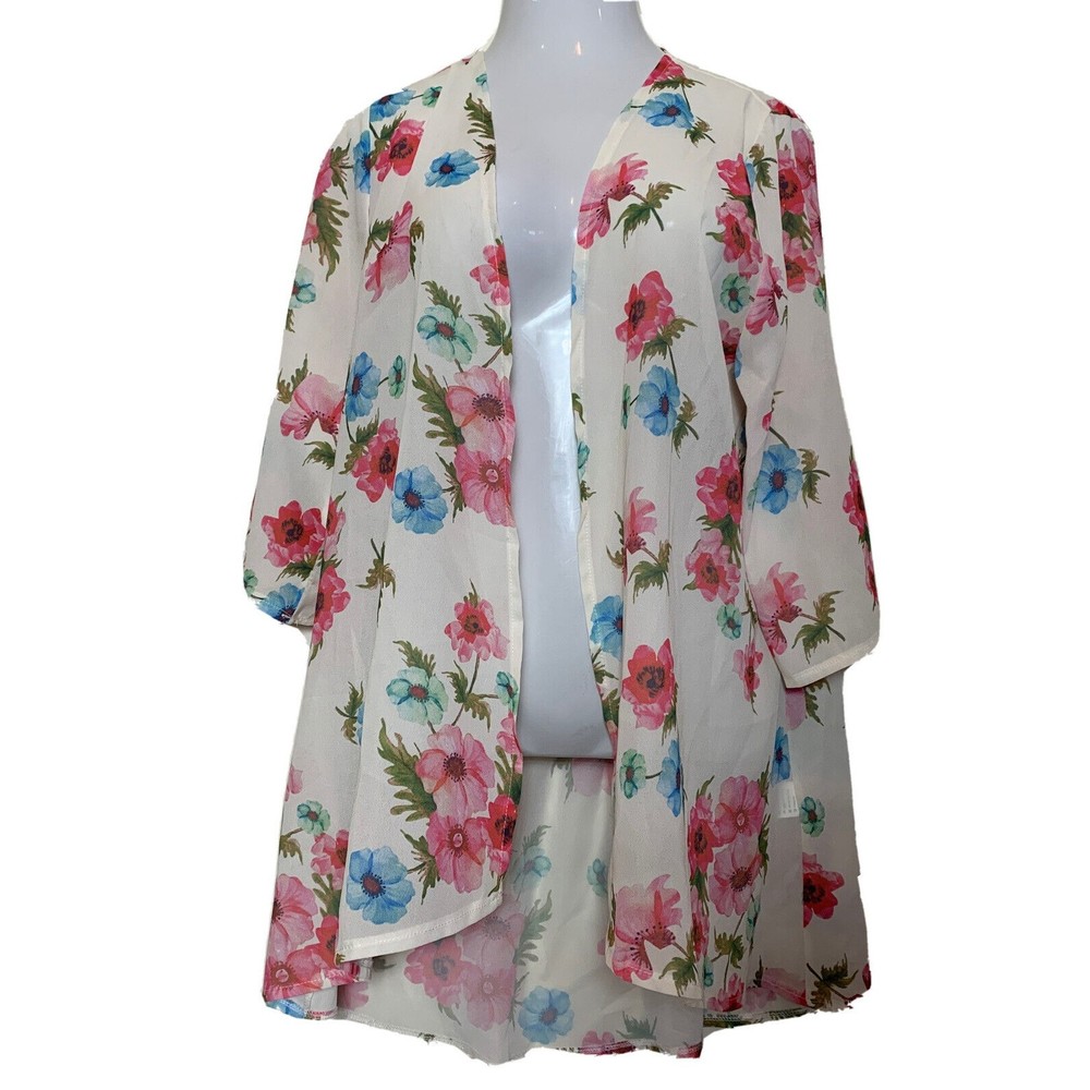 New Pink Milly Floral Duster Open Front Floral 3/4 Sleeve Cover Up Swimwear M - Picture 3 of 14